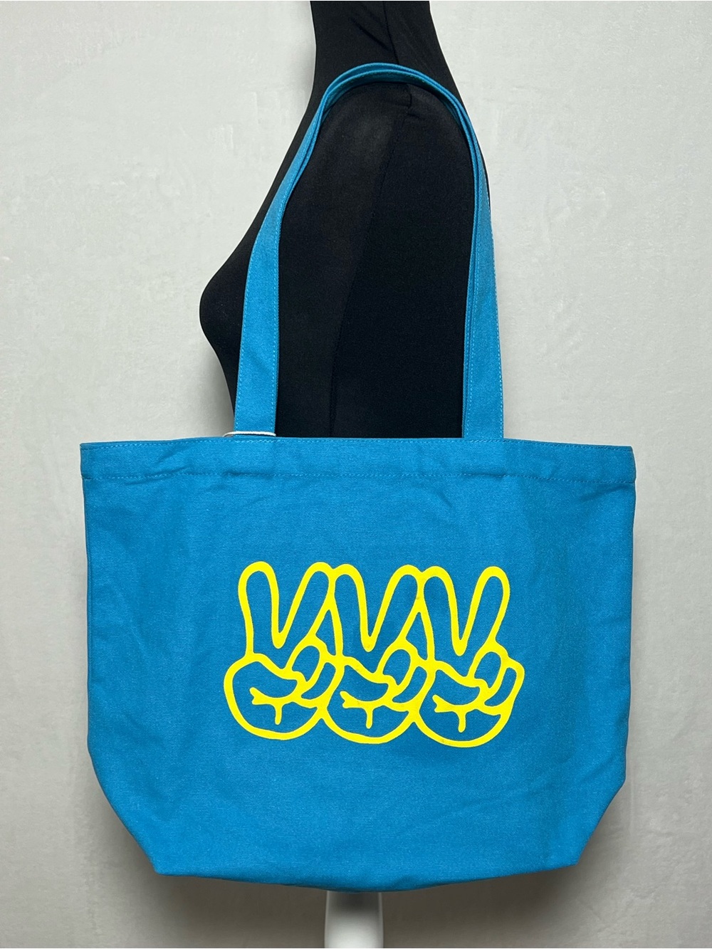 **NWT** PRIMARK Blue Canvas Tote Bag with Yellow Peace Sign Print